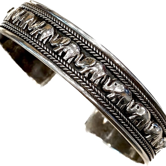 Jewelry - Vintage Sterling 925 elephant pave cuff bracelet Bali 80s good luck trunks up